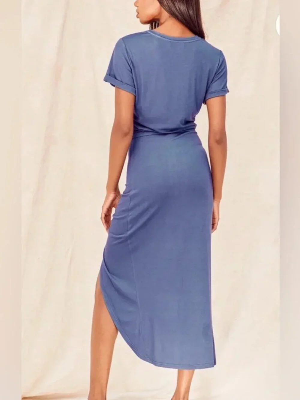 Lulus Casual Retreat Denim Blue Ruched‎ High-Low Midi Dress
